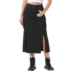 Cargo Skirts Y2K Split Hem Denim Midi Skirts Black